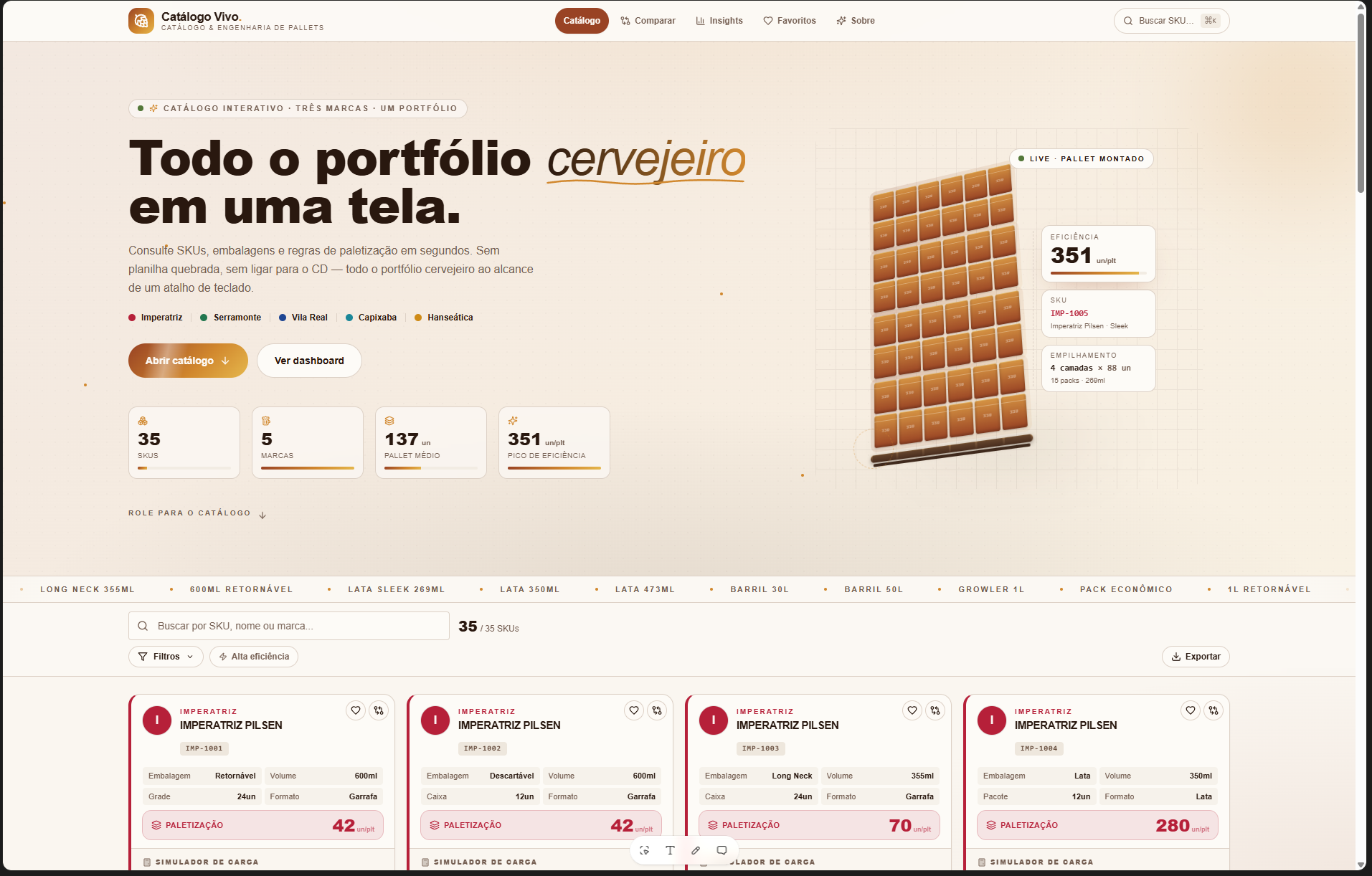 Catálogo cervejeiro com engenharia de pallets em tempo real